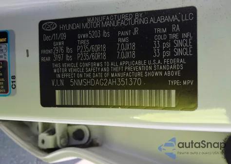 2010 Hyundai Santa Fe Se from USA, damaged, VIN 5NMSHDAG2AH351370